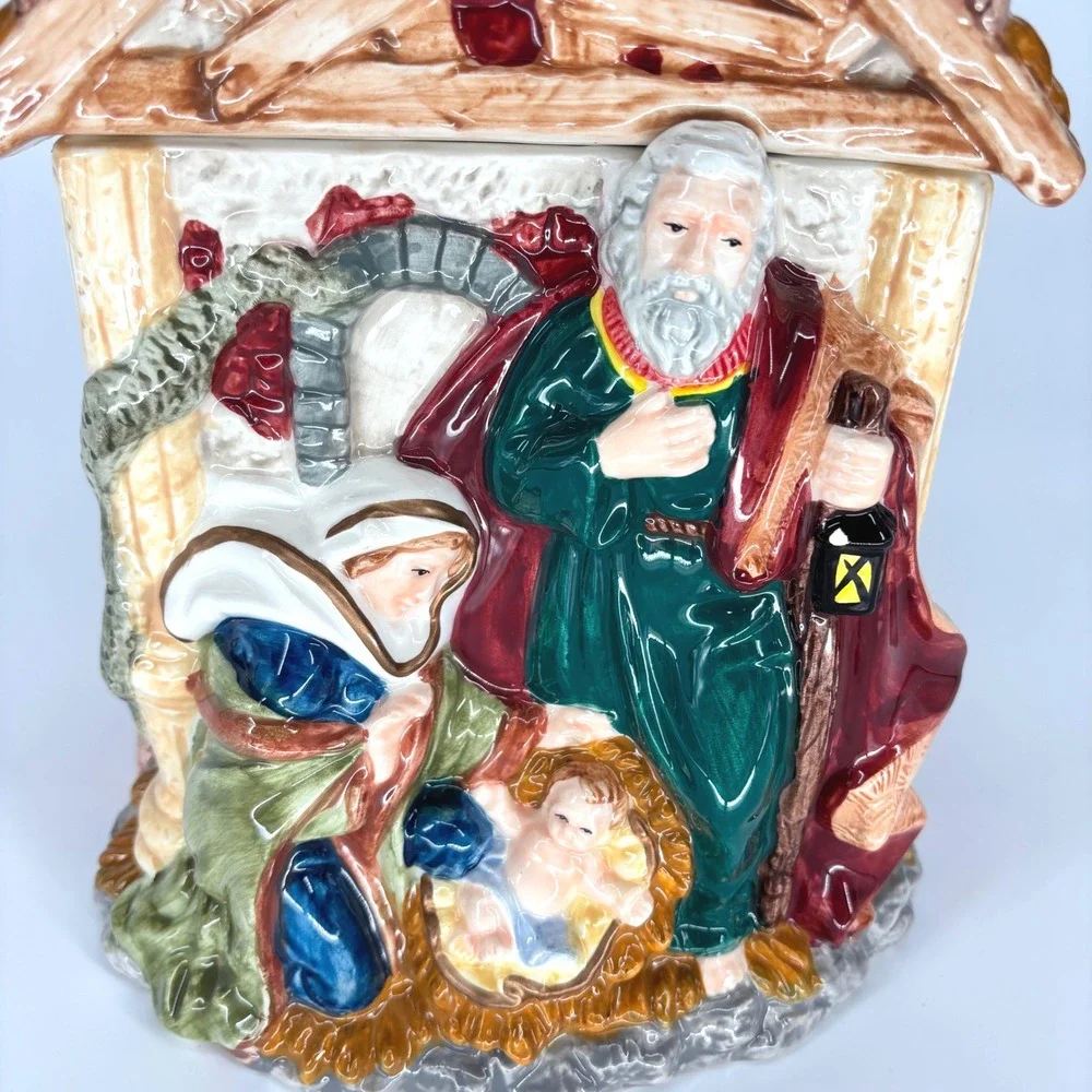 Mercuries Jesus Mary Joseph Cookie Jar Manger Nativity Christmas Rainbow